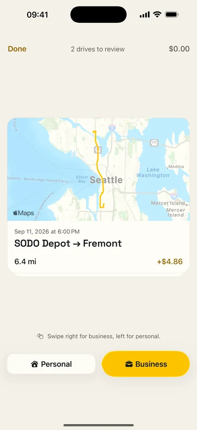 FlatMile drive review screen with business and personal classification