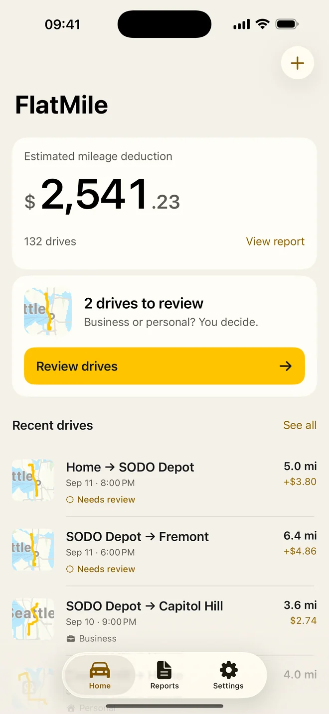 FlatMile home screen showing recorded drives ready to review