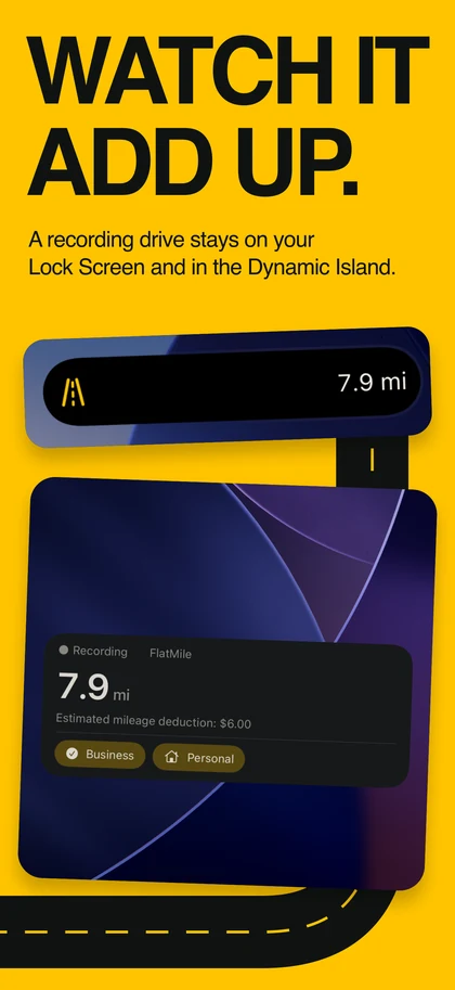 FlatMile Live Activity showing an active drive on the Lock Screen and Dynamic Island