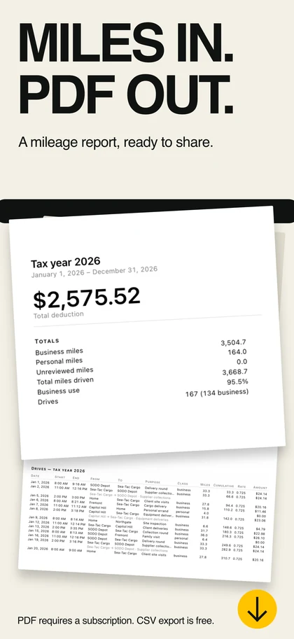 FlatMile PDF mileage report with yearly totals and drive rows